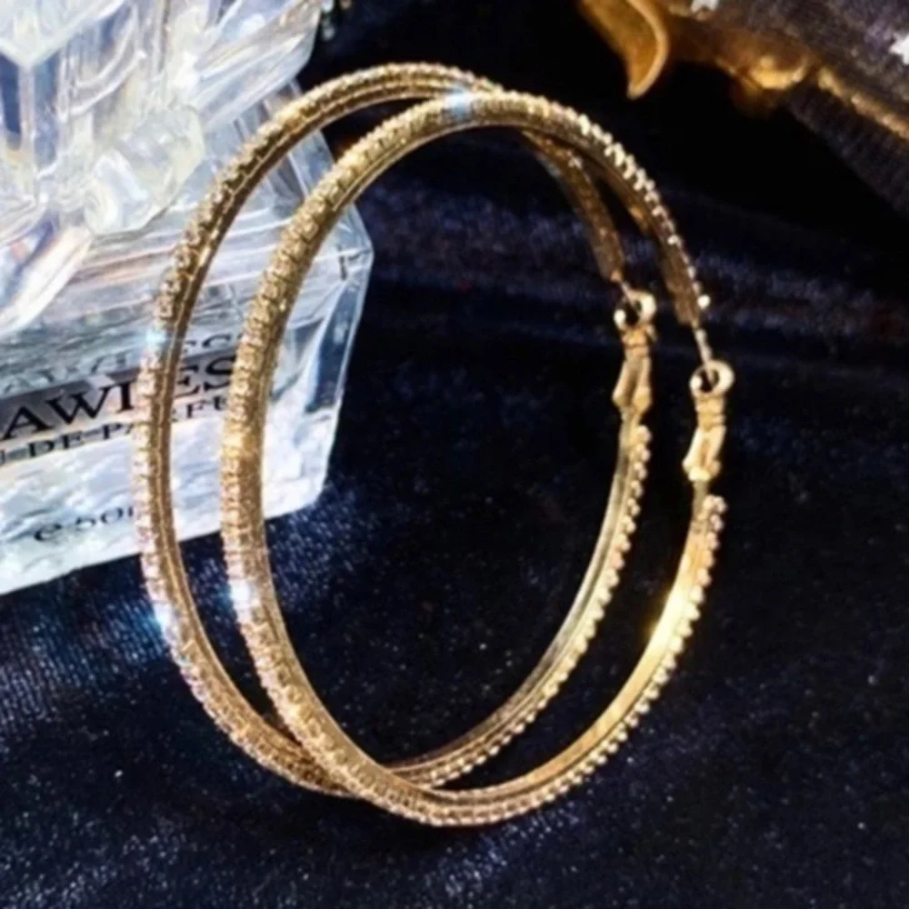 18k Yellow Gold CZ Pave Stone Large Hoops Hoop Earrings